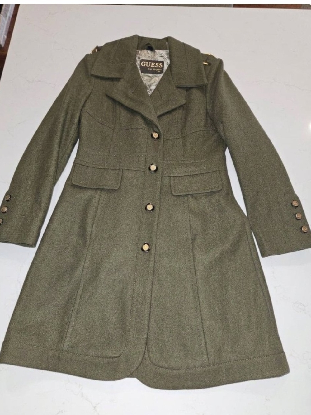 GUESS Olive Green Wool-Blend Pea Coat with Gold Buttons